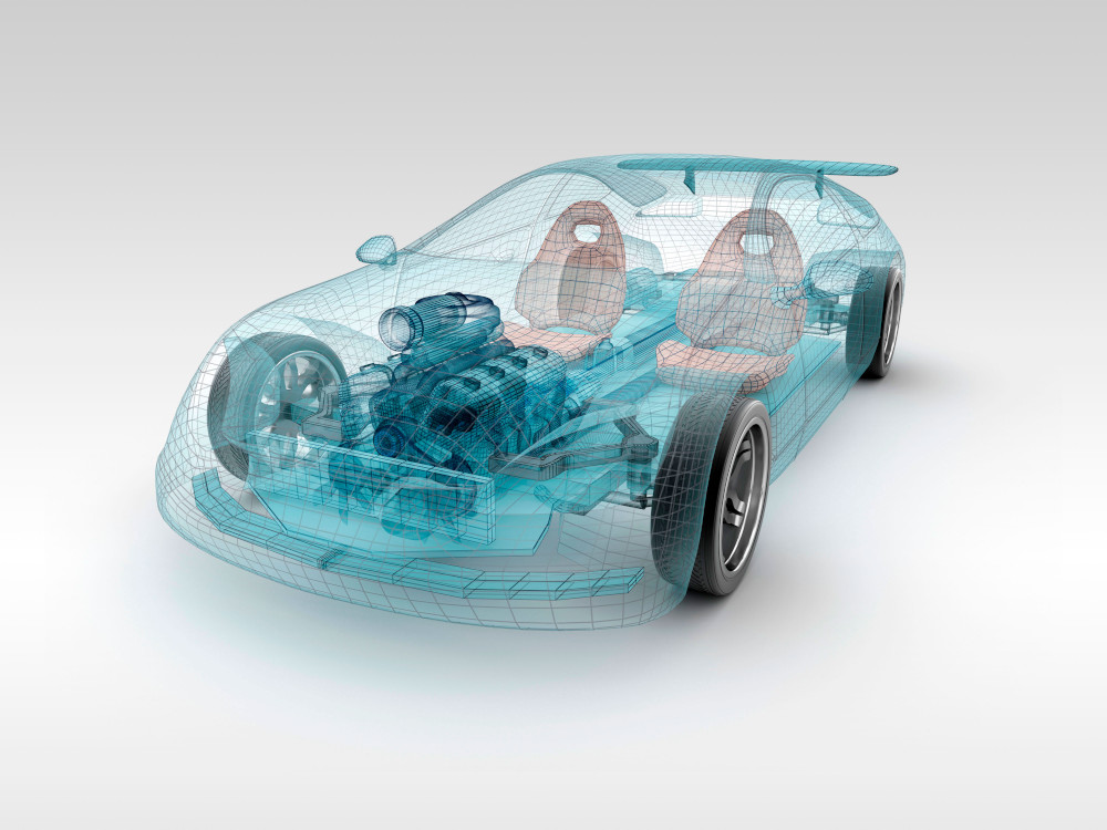Transparent dargestelltes Auto mit sichtbarem Antriebsstrang und Innenraum
