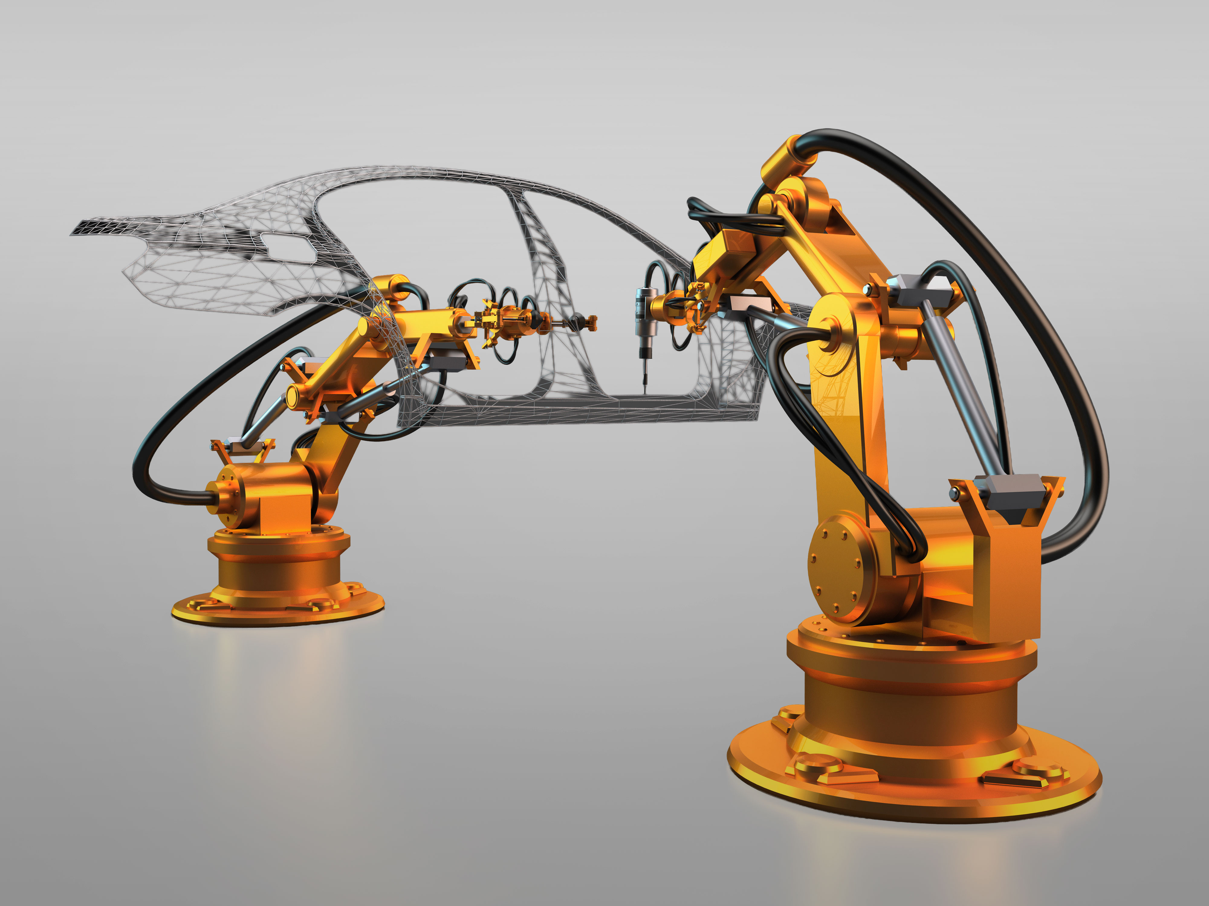 Zwei orangefarbene Industrieroboterarme, die an einer transparent dargestellten Fahrzeugkarosserie arbeiten