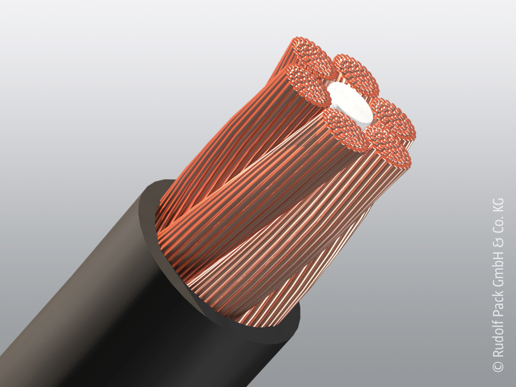 Mehrdrähtige Kupferlitze mit schwarzer Außenummantelung im angeschnittenen Querschnitt