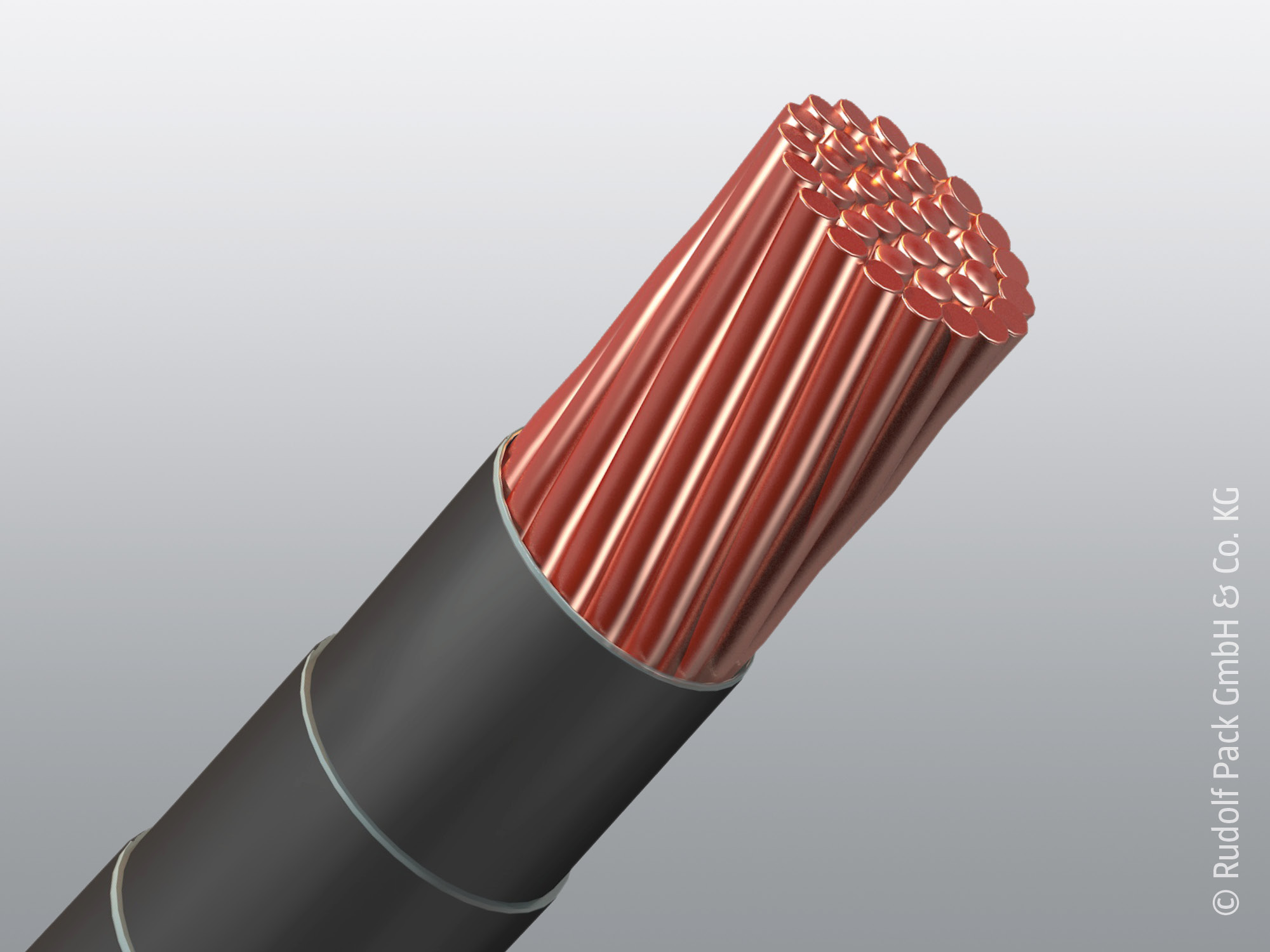 Mehrdrähtige Kupferlitze mit schwarzer Ummantelung im schrägen Anschnitt